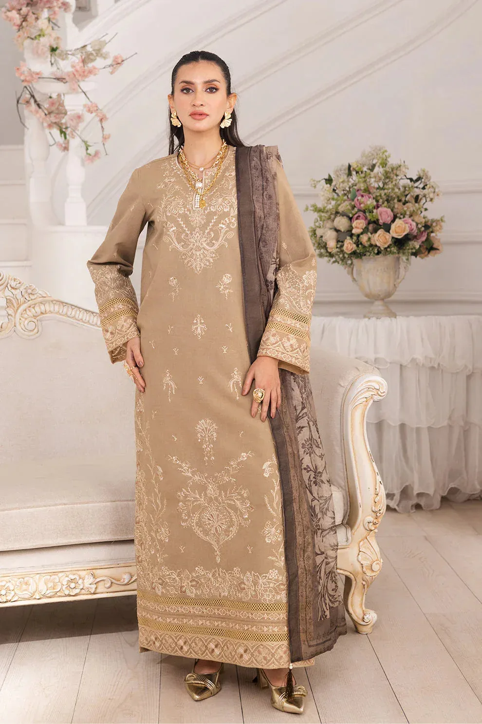 Maryum N Maria Mira Luxury Lawn Beige Lawn – view 1 – Poshaq