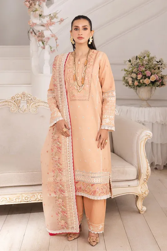 Maryum N Maria Mira Luxury Lawn Pale Peach Lawn – view 1 – Poshaq