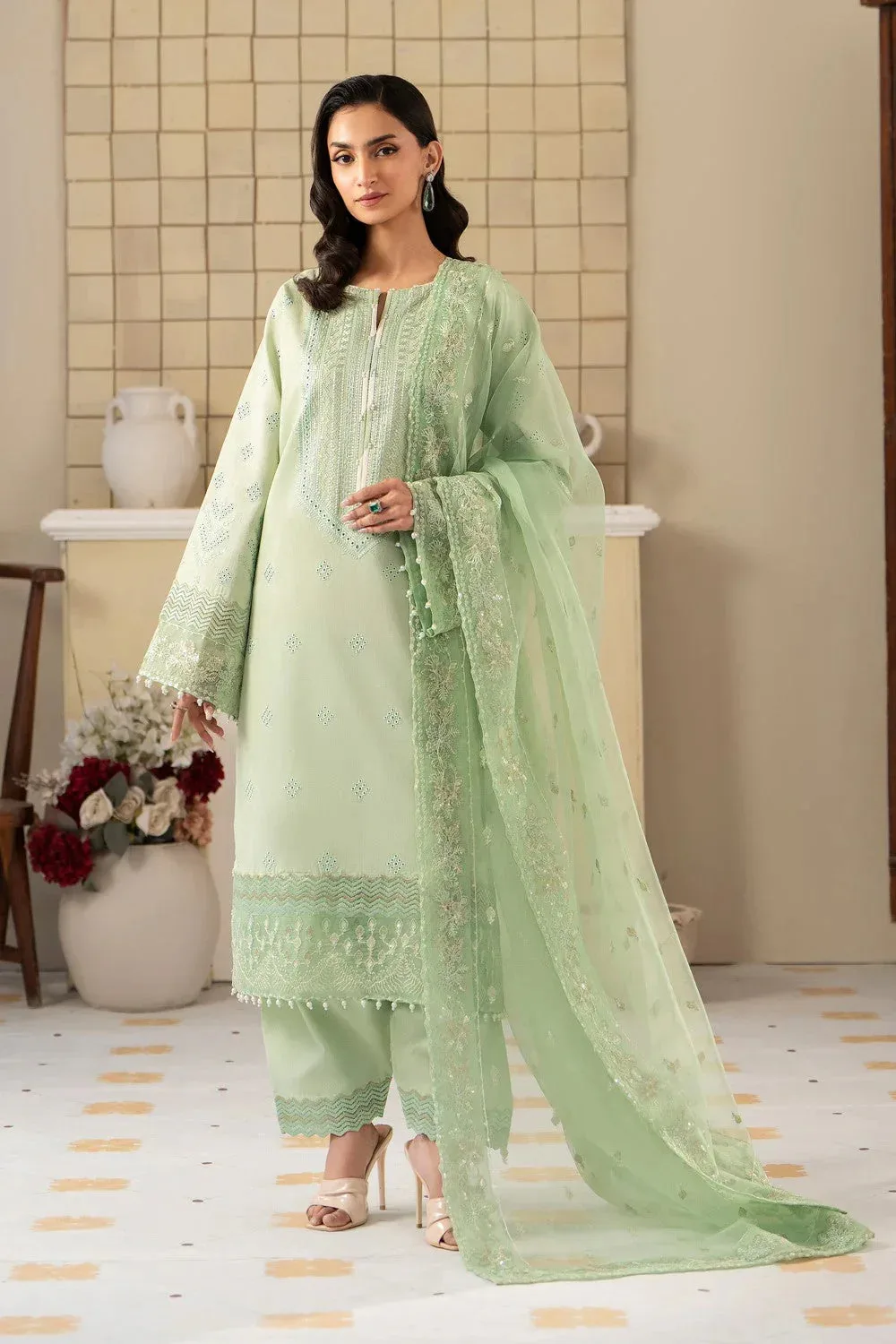 Maryum N Maria Luxury Lawn 25 Mint Green Organza – view 1 – Poshaq