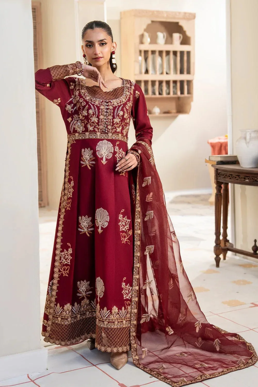 Maryum N Maria Luxury Lawn 25 Maroon Organza – view 1 – Poshaq
