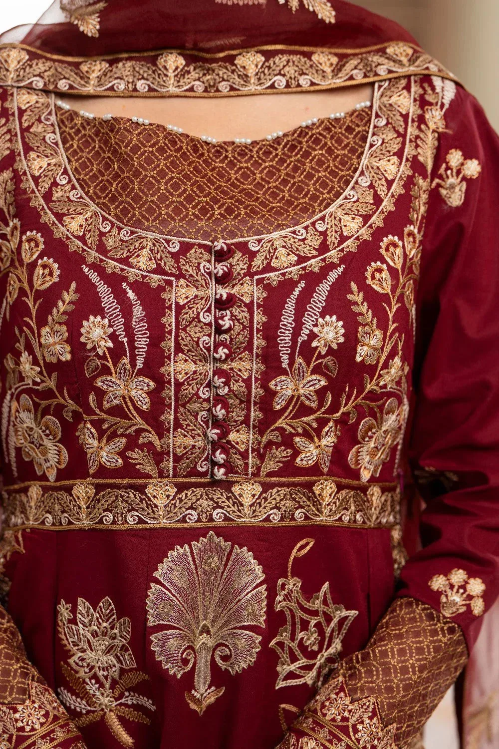Maryum N Maria Luxury Lawn 25 Maroon Organza – view 3 – Poshaq