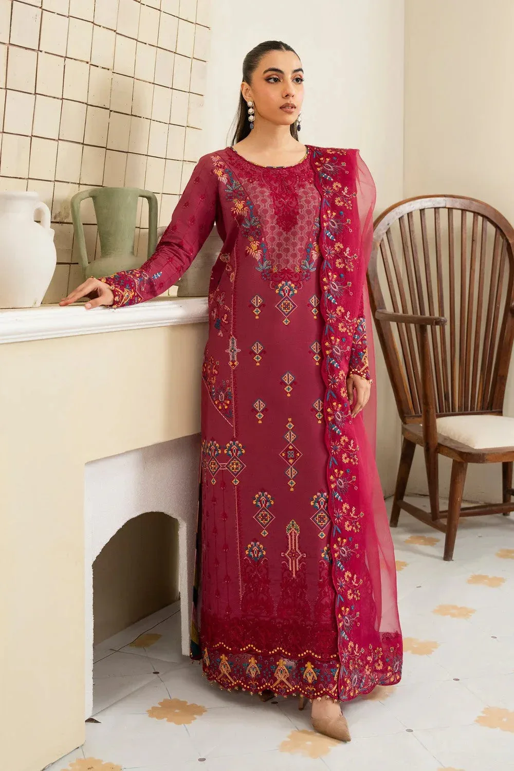 Maryum N Maria Luxury Lawn 25 Maroon Organza – view 1 – Poshaq