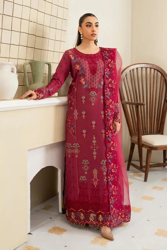 Maryum N Maria Luxury Lawn 25 Maroon Organza – view 1 – Poshaq