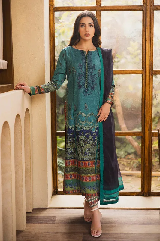 Teal silk 3‑piece pret set featuring long shirt, dupatta and trousers – view 1 – Poshaq