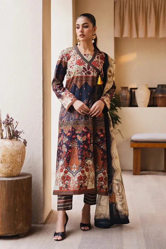 Navy blue silk shirt with matching printed trouser and dupatta – view 1 – Poshaq