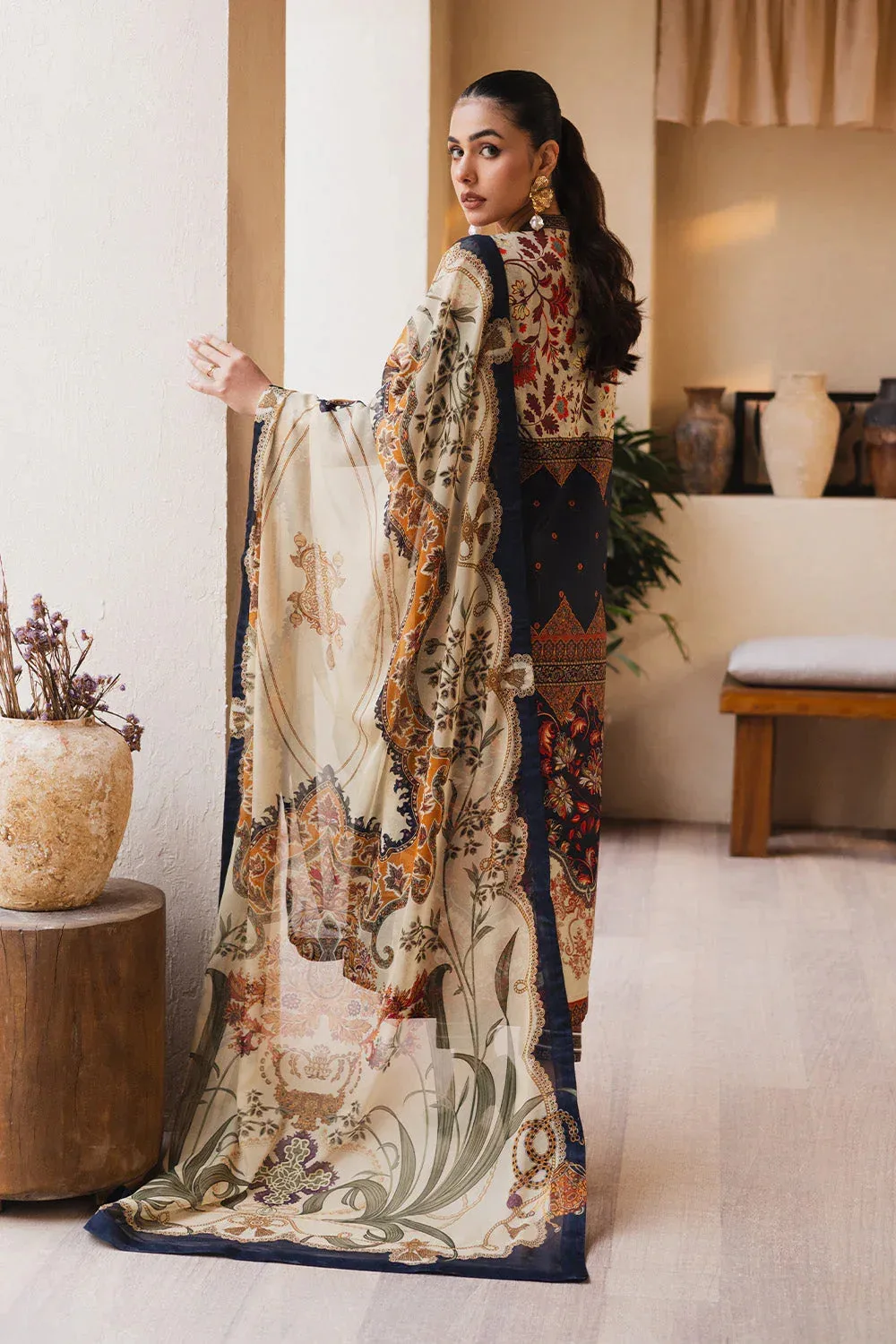 Navy blue silk shirt with matching printed trouser and dupatta – view 2 – Poshaq