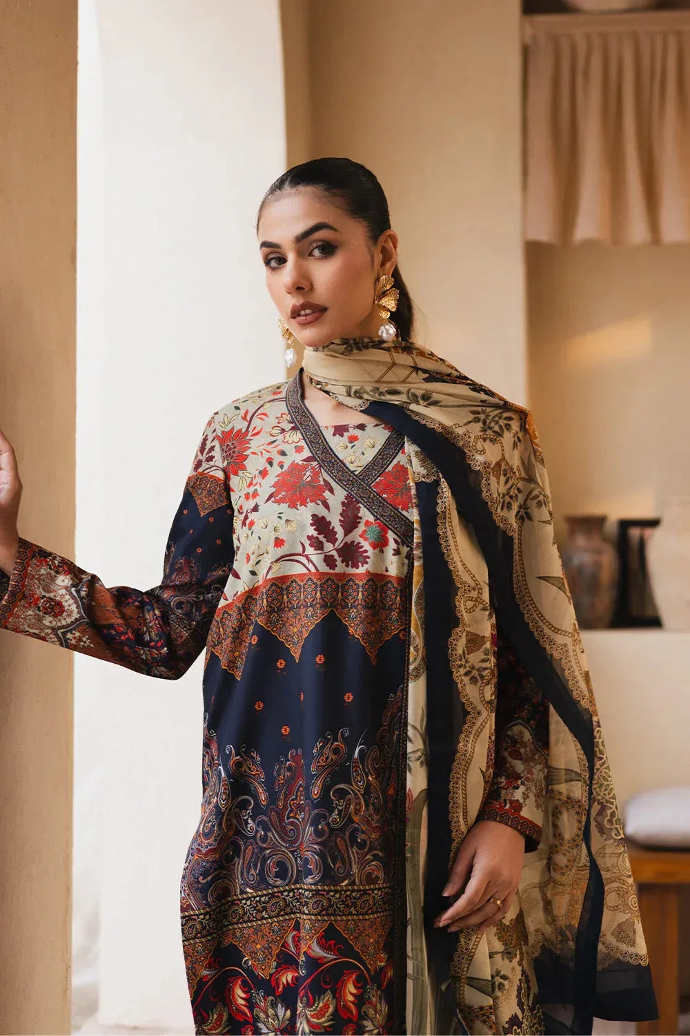 Navy blue silk shirt with matching printed trouser and dupatta – view 3 – Poshaq