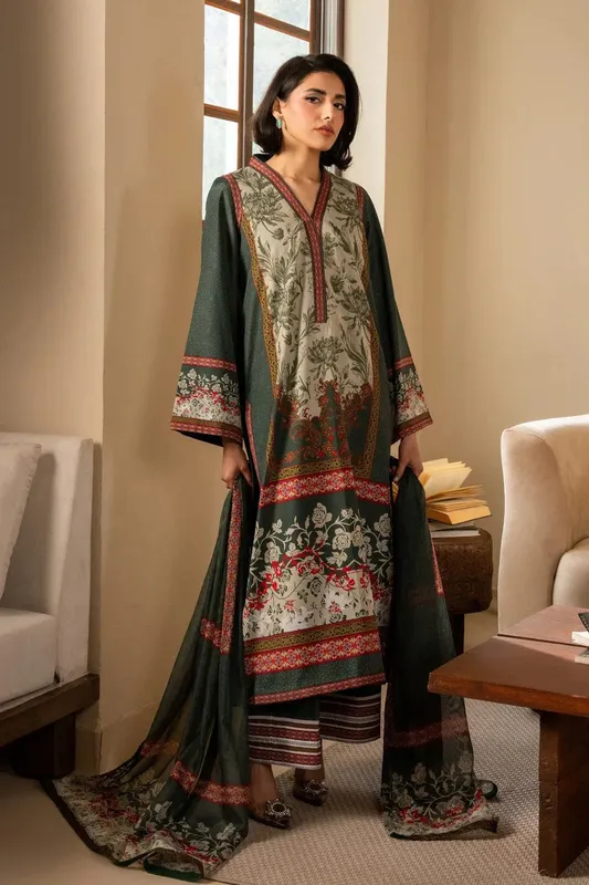 Maryum N Maria Nazm Collection Deep Olive Green Silk – view 1 – Poshaq