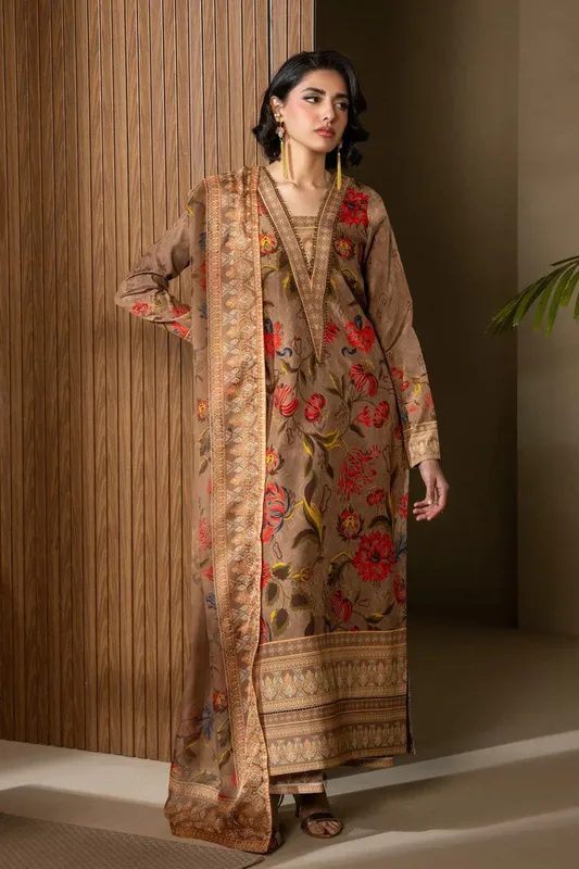 Maryum N Maria Nazm Collection Mustard Brown Silk – view 1 – Poshaq