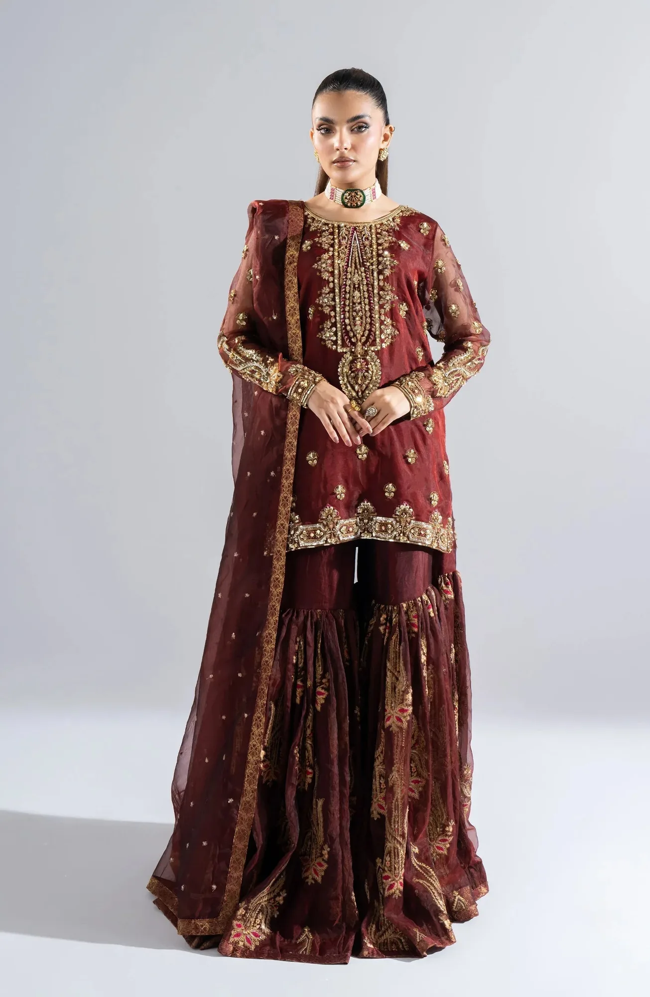 Maryum N Maria Riwayat Wedding Formals Wine Berry Organza – view 1 – Poshaq