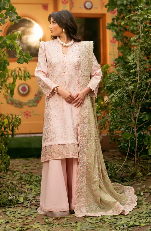 Peach luxury lawn outfit with organza and chiffon detailing – view 1 – Poshaq
