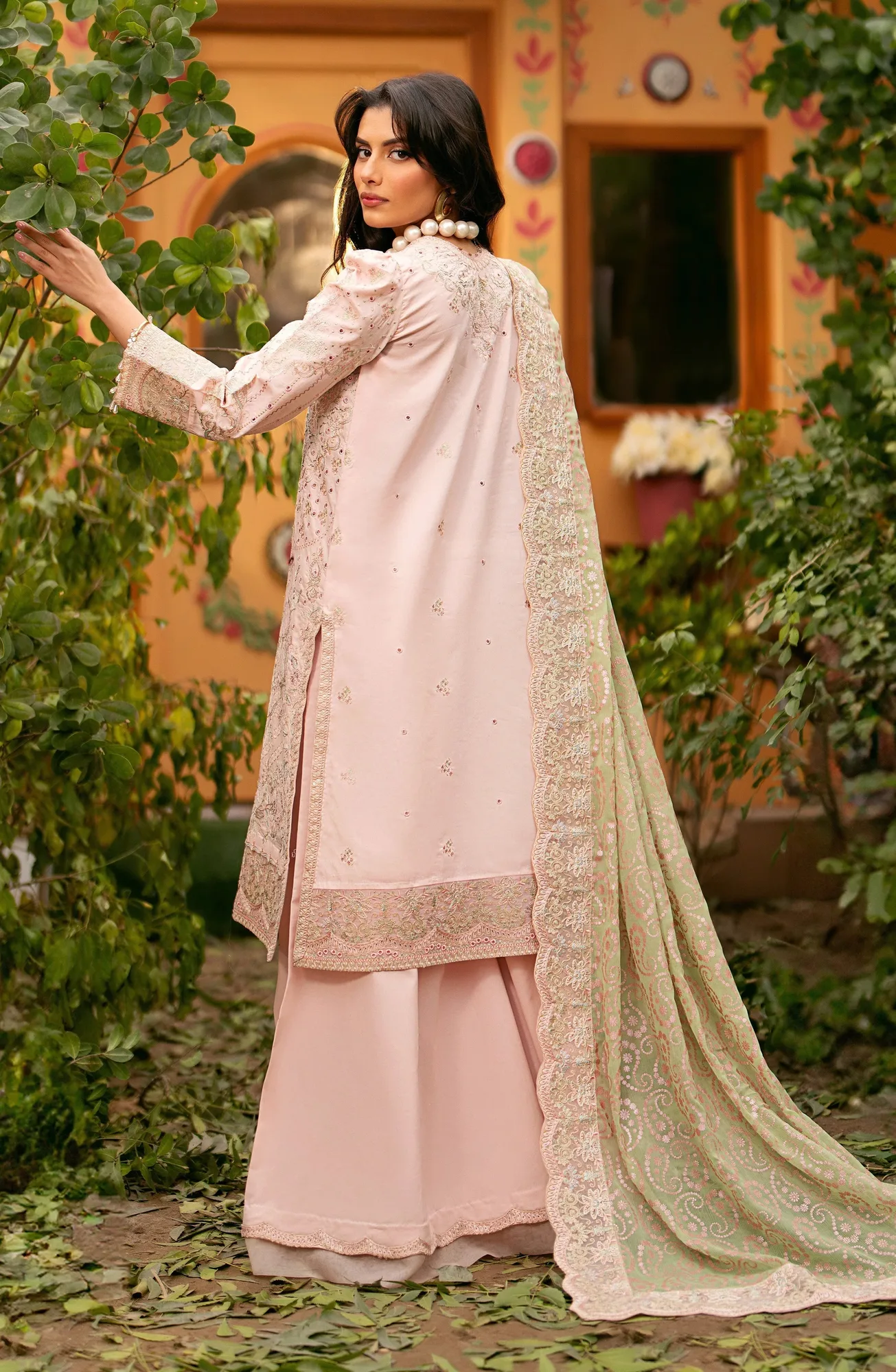 Peach luxury lawn outfit with organza and chiffon detailing – view 2 – Poshaq