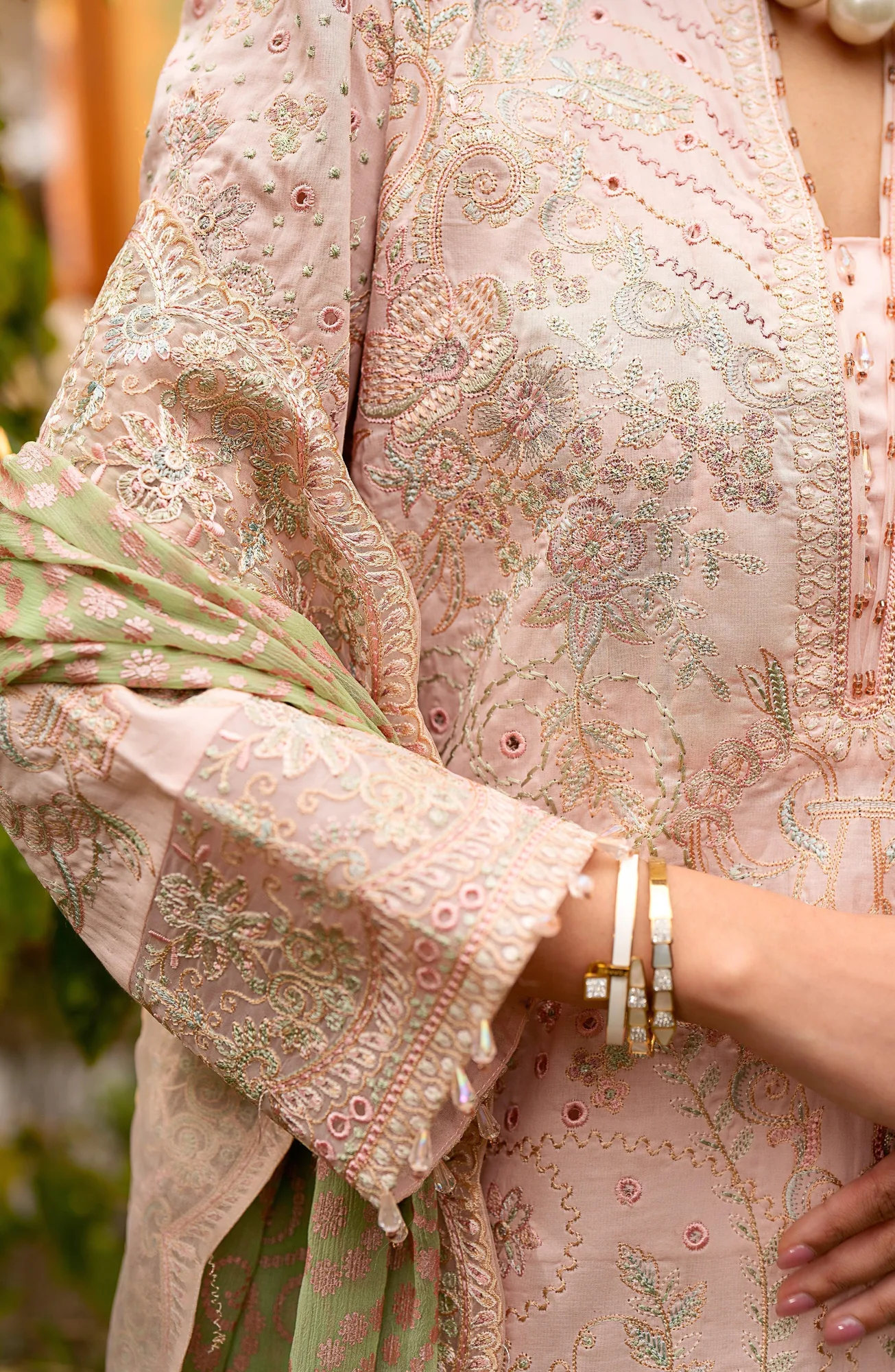 Peach luxury lawn outfit with organza and chiffon detailing – view 3 – Poshaq