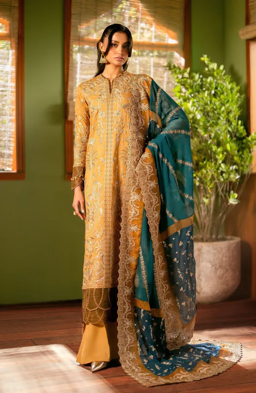 Golden brown embroidered lawn shirt with organza and chiffon detailing – view 1 – Poshaq