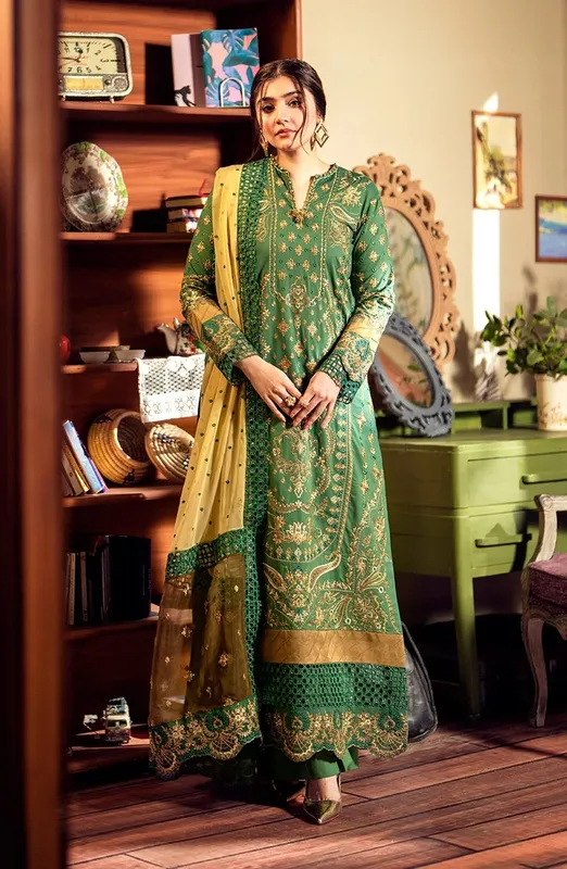 Maryum N Maria Luxury Lawn 24 Bottle Green Organza – view 1 – Poshaq