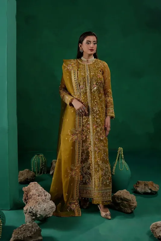 Maryams Tabeer Luxury Collection Mustard Organza – view 1 – Poshaq