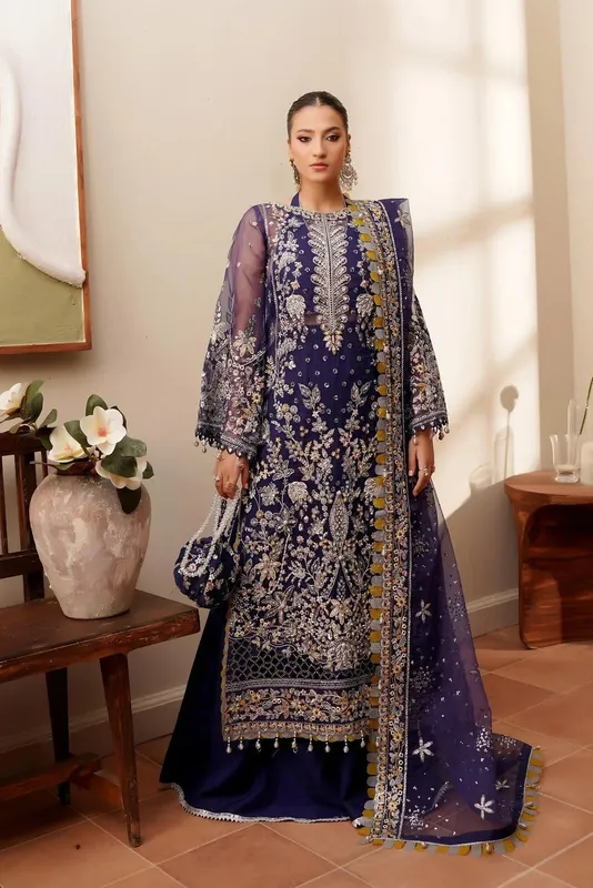 Maryams Zeenat Luxury Formals Navy Blue Organza – view 1 – Poshaq