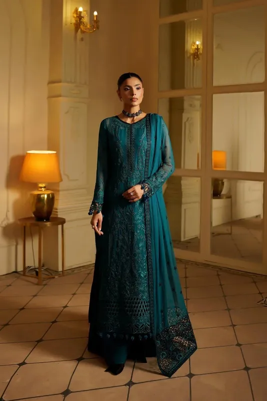 Maryams Aarzu Formals Deep sea green Raw Silk – view 1 – Poshaq