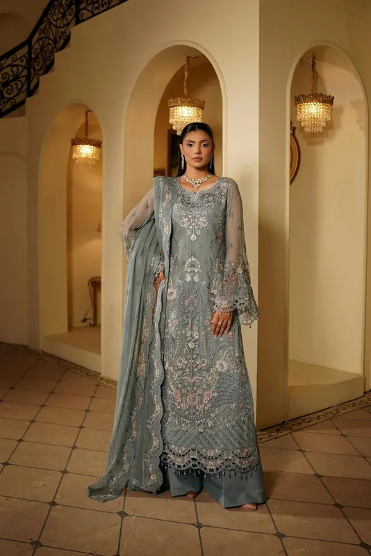 Maryams Aarzu Formals Slate Grey Raw Silk – view 1 – Poshaq