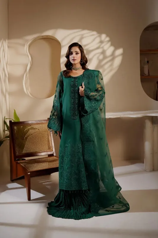 Maryams Noir Luxe Bottle Green Organza – view 1 – Poshaq