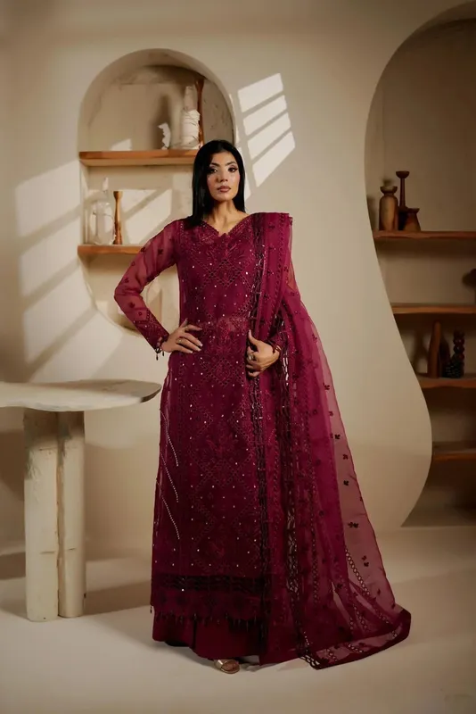 Maryams Noir Luxe Burgundy Organza – view 1 – Poshaq