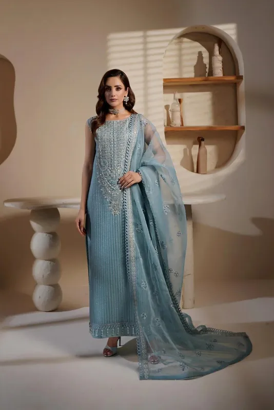 Maryams Noir Luxe Light Blue Gray Organza – view 1 – Poshaq