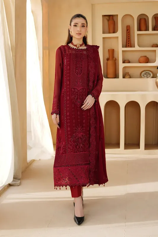 Maryams Afsaneh Luxury Chiffon Maroon Raw Silk – view 1 – Poshaq