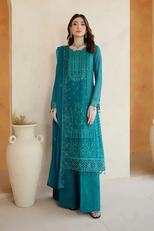 Maryams Afsaneh Luxury Chiffon Sea Green Raw Silk – view 1 – Poshaq