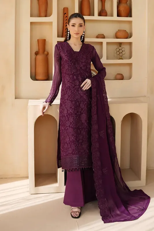 Maryams Afsaneh Luxury Chiffon Plum Raw Silk – view 1 – Poshaq