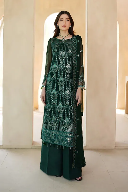 Maryams Afsaneh Luxury Chiffon Dark Green Raw Silk – view 1 – Poshaq