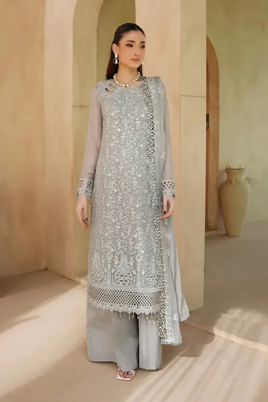 Maryams Afsaneh Luxury Chiffon Light Gray Raw Silk – view 1 – Poshaq