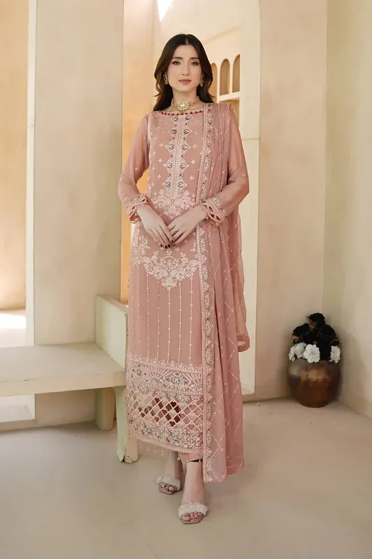 Maryams Afsaneh Luxury Chiffon Peach Pink Raw Silk – view 1 – Poshaq