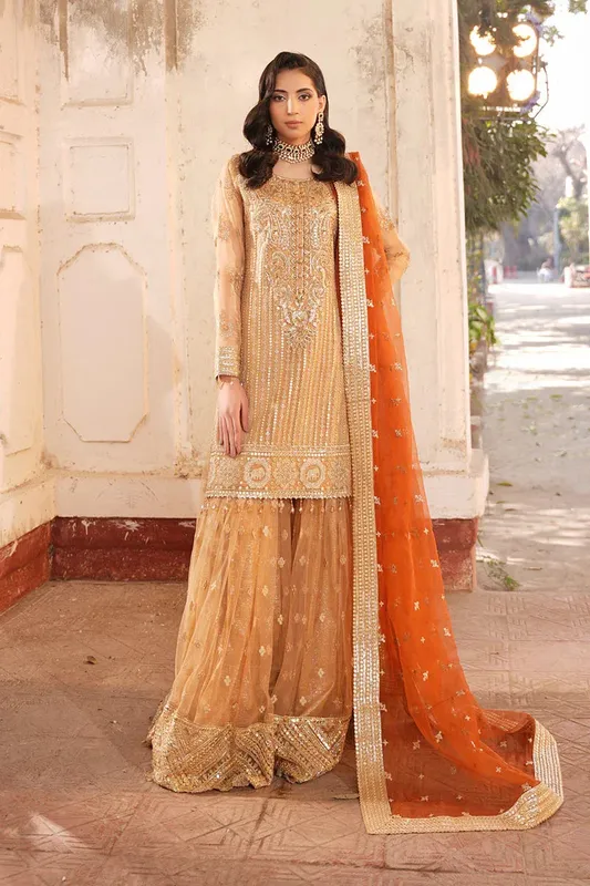 Maryams Zeenat Luxury Formals Gold Organza – view 1 – Poshaq