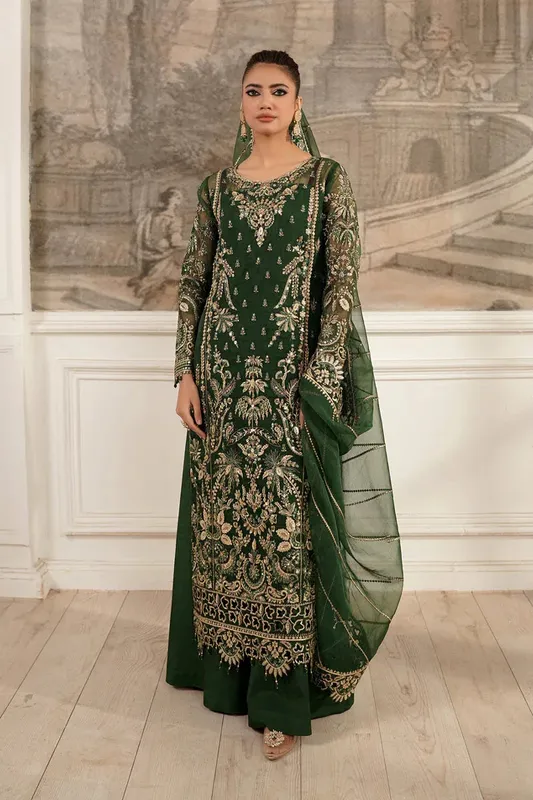 Maryams Tabeer Luxury Collection Deep Olive Green Raw Silk – view 1 – Poshaq