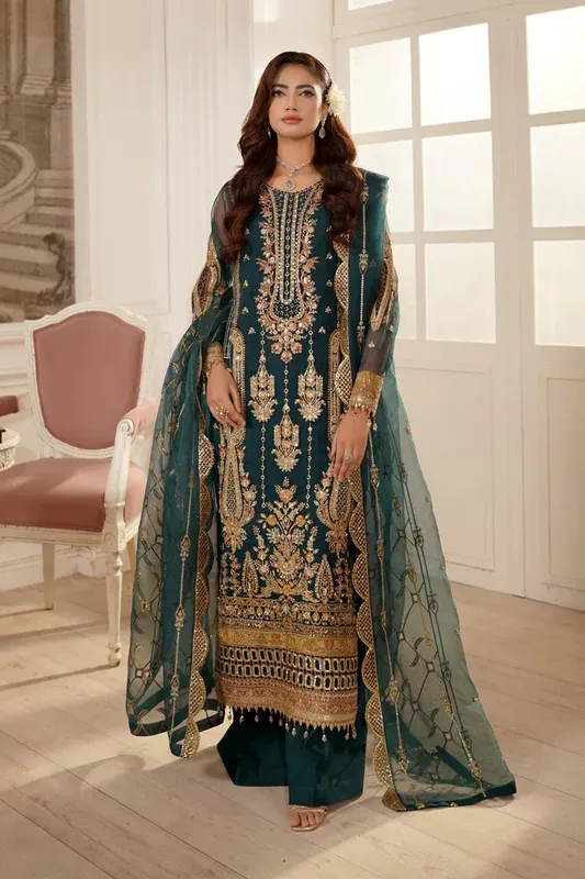 Maryams Tabeer Luxury Collection Teal Green Raw Silk – view 1 – Poshaq