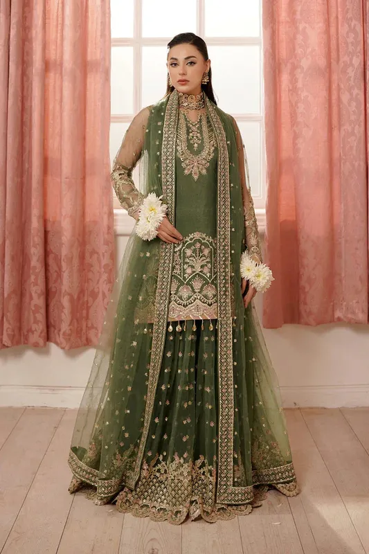Maryams Tabeer Luxury Collection Olive Green Raw Silk – view 1 – Poshaq