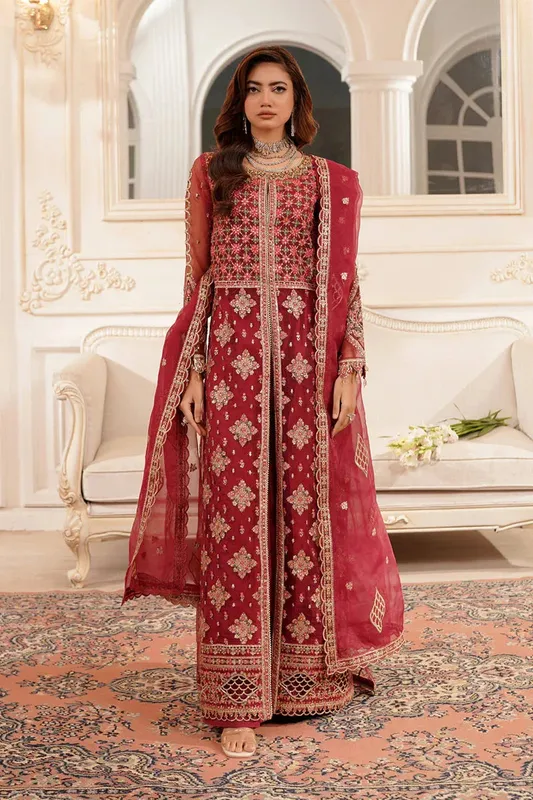 Maryams Tabeer Luxury Collection Deep Red Raw Silk – view 1 – Poshaq