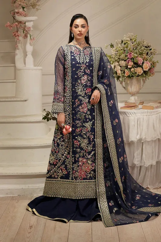 Maryams Tabeer Luxury Collection Navy Raw Silk – view 1 – Poshaq