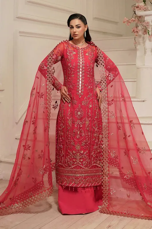 Maryams Tabeer Luxury Collection Coral Pink Raw Silk – view 1 – Poshaq