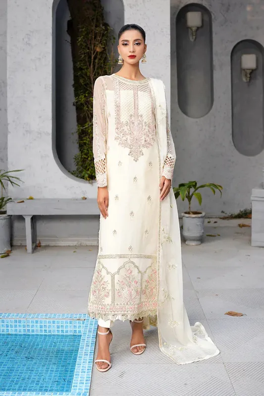 Maryams Afsanah Luxury Chiffon Ivory Raw Silk – view 1 – Poshaq