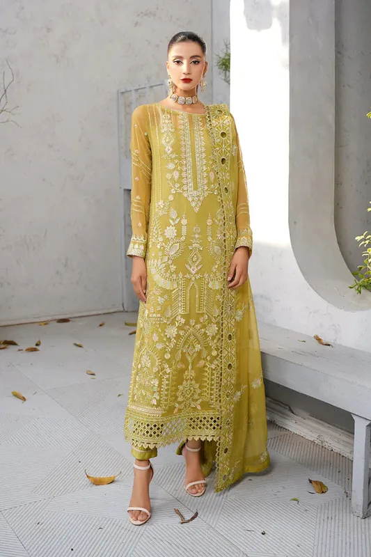 Maryams Afsanah Luxury Chiffon Olive Raw Silk – view 1 – Poshaq