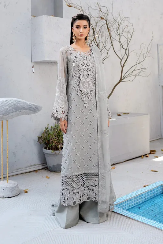 Maryams Afsanah Luxury Chiffon Grey Raw Silk – view 1 – Poshaq