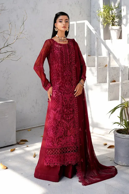 Maryams Afsanah Luxury Chiffon Maroon Raw Silk – view 1 – Poshaq