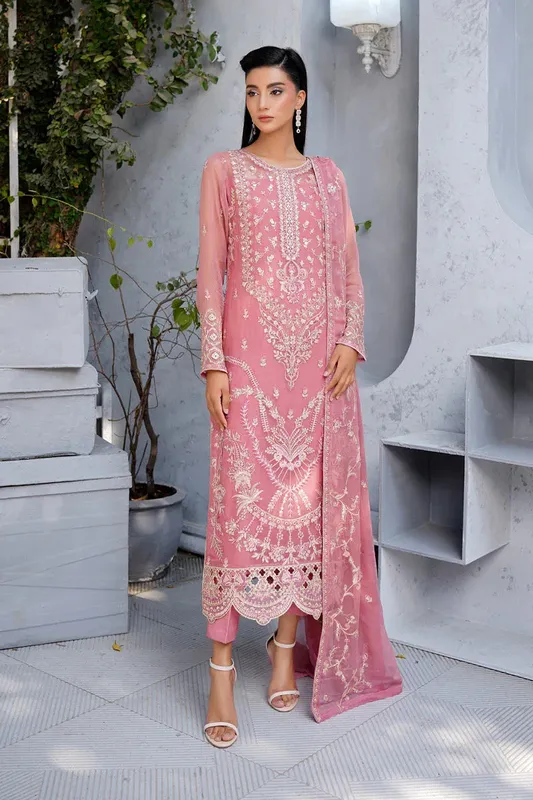 Maryams Afsanah Luxury Chiffon Rose Pink Raw Silk – view 1 – Poshaq