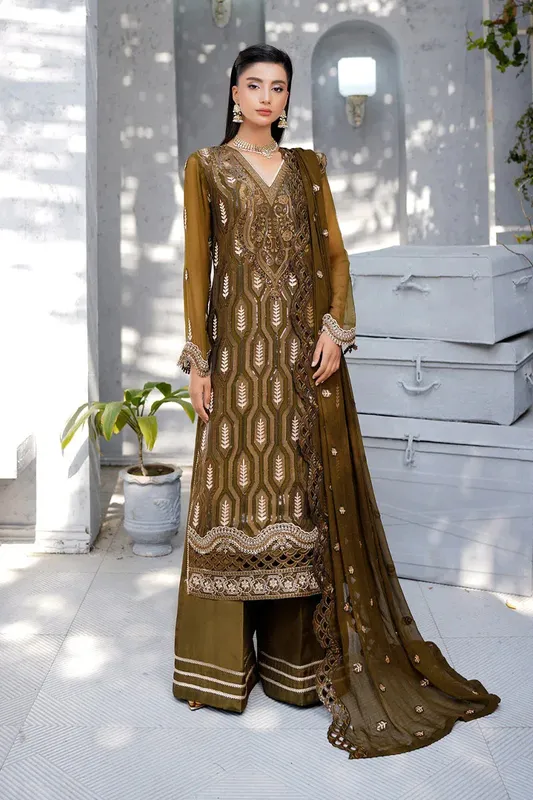 Maryams Afsanah Luxury Chiffon Dark Mehndi Raw Silk – view 1 – Poshaq