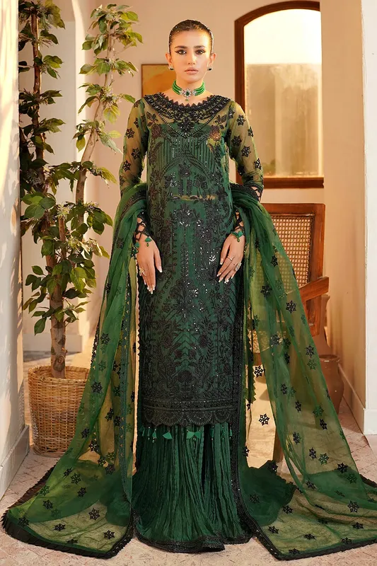 Maryams Hayat Wedding Formal Bottle Green Organza – view 1 – Poshaq