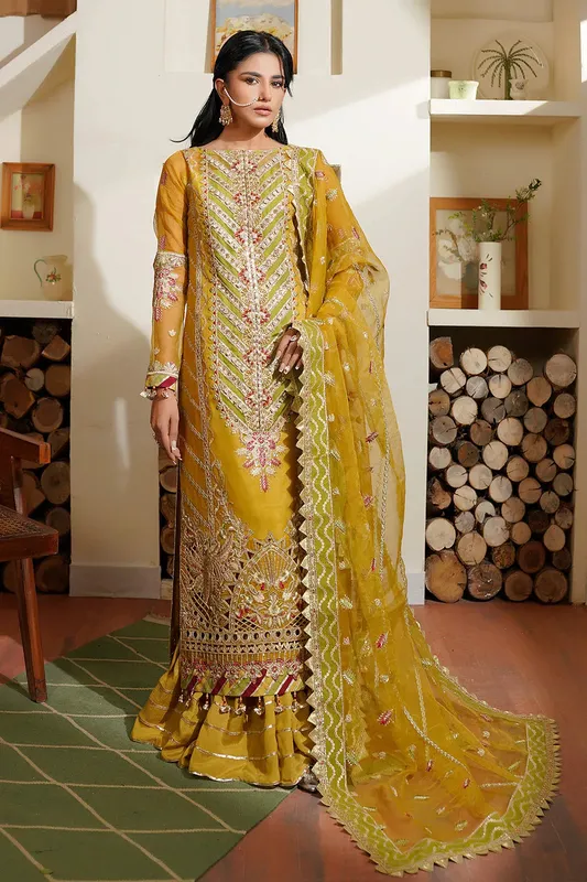 Maryams Hayat Wedding Formal Mustard Organza – view 1 – Poshaq