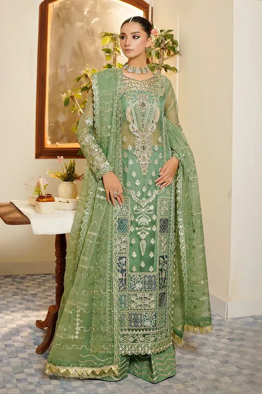 Maryams Hayat Wedding Formal Green Organza – view 1 – Poshaq