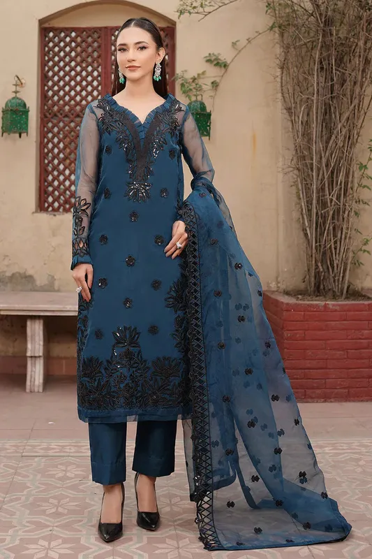 Maryams Luxury Eid Pret Teal Organza – view 1 – Poshaq