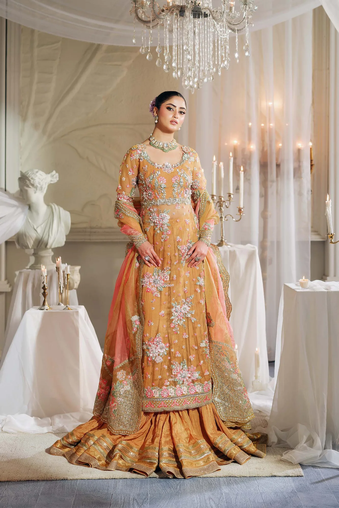 Maryam Hussain Wedding Collection 25 Champagne Gold Cotton Silk – view 1 – Poshaq